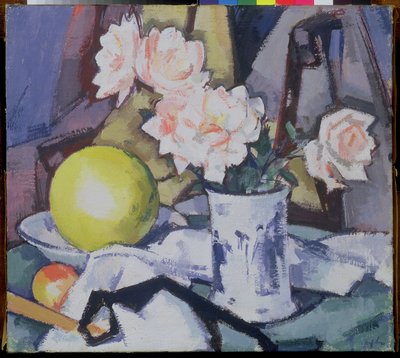 Vaso blu e bianco, rose, melone e arancia da Samuel John Peploe